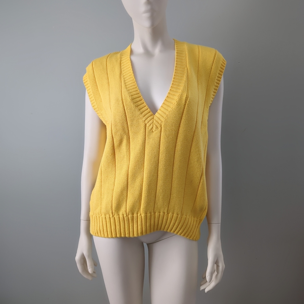 Rare! Vintage 90s Liz Claiborne Lemon Yellow Cotton Ribbed V Neck Sweater Vest L
